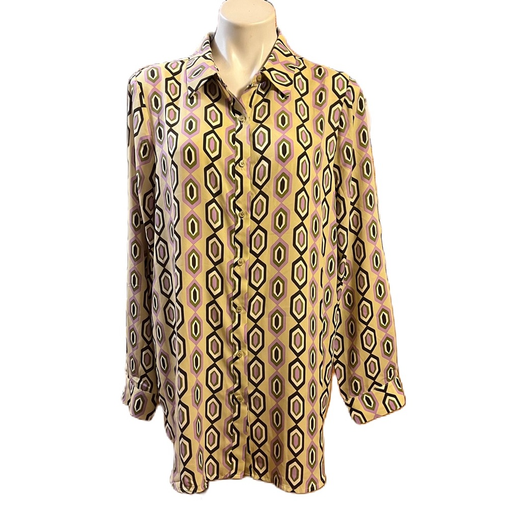 Pleione abstract print button down blouse XL